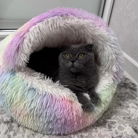 Cat Bed Round Fluffy Hooded Cat Bed Cave