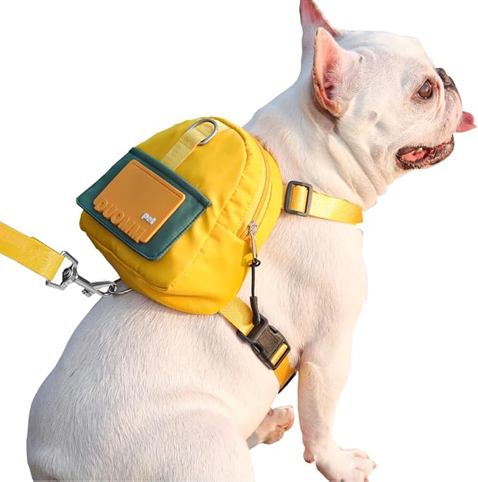 Dog Backpack Harness with Leash,Cute Pet Puppy Backpacks Bulid-in Dog Poop Bag Dispenser,Adjustable Pets Self Carrier Bag for Small Medium Dogs Travel Hiking Daily Walking(S, Yellow)