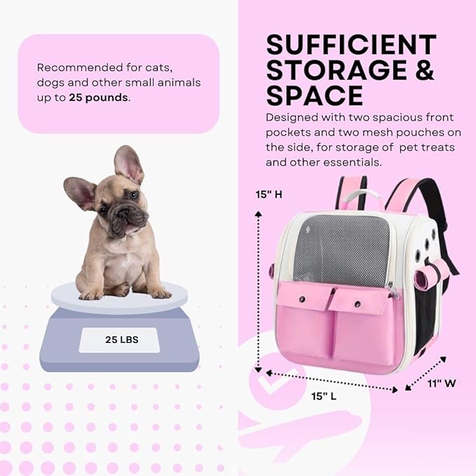 Portable Pet Carrier Backpack for Cats, Dogs and Small Animals Up to 25lbs l Ventilated Mesh Design l Airline-Approved l Ideal for Travel, Hiking, Camping (Pink)