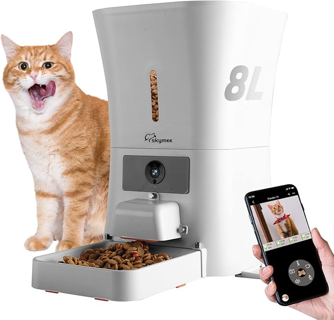 SKYMEE 8L/12L Smart Automatic Pet Feeder Food Dispenser for Cats & Dogs - 1080P Full HD Pet Camera Treat Dispenser with Night Vision and 2-Way Audio, Wi-Fi Enabled App for iPhone and Android