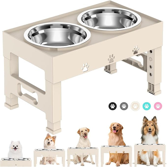 Elevated Dog Bowls 5 Height Adjustable Non-Slip Stand Adjusts to 3.1", 9", 10", 11", & 12" with 2 Stainless Steel Raised Dog Food Bowl for Medium Large Dogs and Pets (Almond)