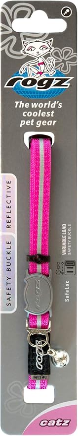 Rogz Reflective Nylon Cat Collar with Breakaway Clip and Removable Bell, fully adjustable to fit most breeds, Pink