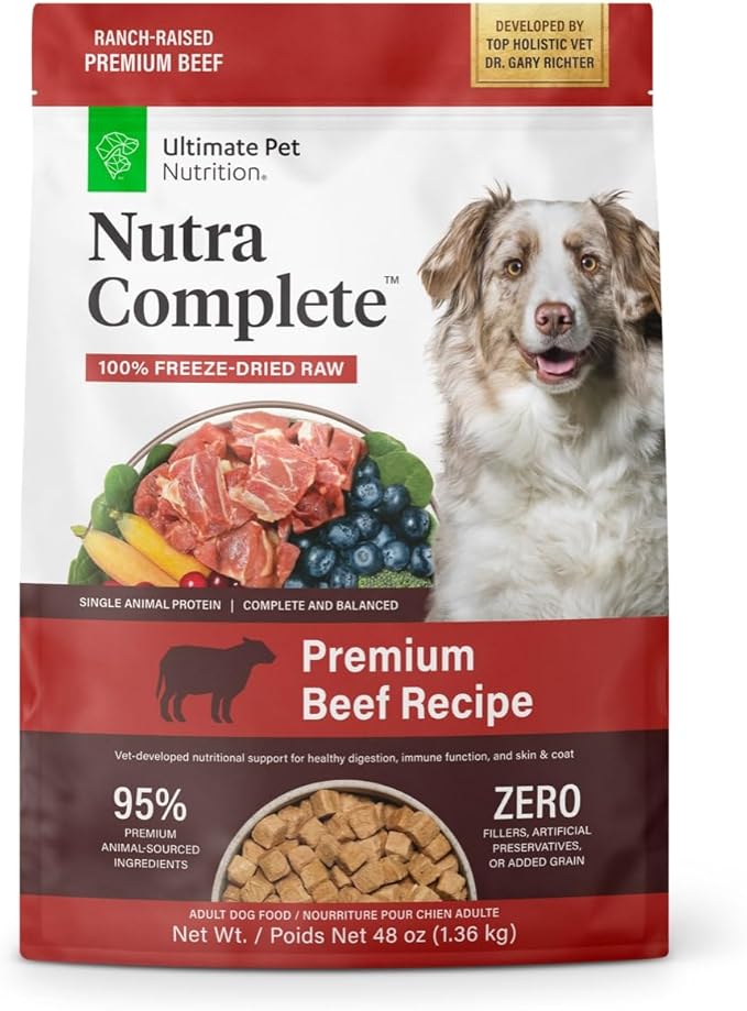 ULTIMATE PET NUTRITION Nutra Complete Raw Freeze Dried Dog Food, Veterinarian Formulated with Antioxidants, Prebiotics & Amino Acids (48 Ounce, Beef)