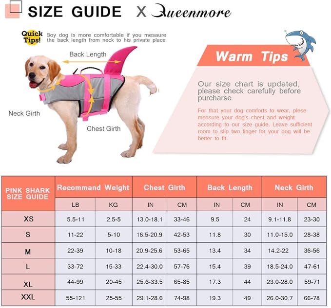 Queenmore Dog Life Jacket Ripstop Shark Dog Safety Vest Adjustable Preserver with High Buoyancy and Durable Rescue Handle for Small