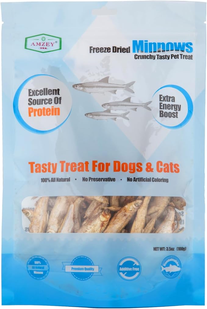 Amzey Minnows - 3.5 oz Freeze Dried - 100% Natural Premium Cat Treats - Minnows Treats - Freeze Dried Minnows for Cats & Dogs - Bulk Package Minnows (1.6 "to 2.8" Length Each)