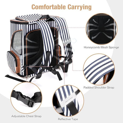 Lekereise Cat Backpack Expandable Pet Backpack Carrier for Small Dogs Cats, Dog Backpack Bag with Breathable Mesh and Inner Safety Leash, Striped