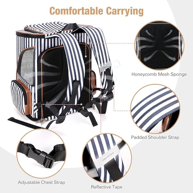 Lekereise Large Cat Backpack Expandable Pet Backpack Carrier for Small Medium Dogs Cats, Dog Carrier Backpack with Breathable Mesh and Inner Safety Leash, Striped