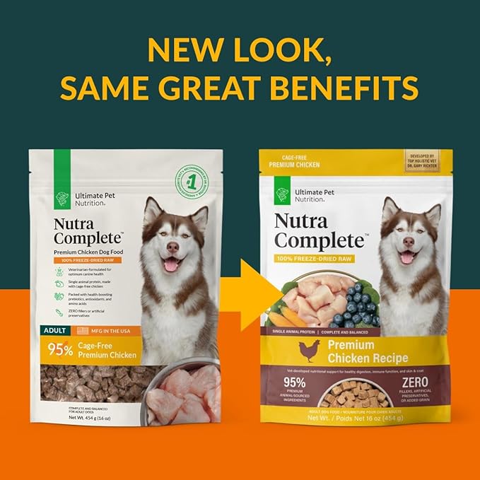 ULTIMATE PET NUTRITION Nutra Complete Raw Freeze Dried Dog Food, Veterinarian Formulated with Antioxidants, Prebiotics & Amino Acids (1 Pound, Chicken)