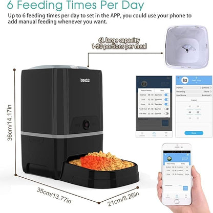 Automatic Pet Feeder, 6L Food Dispenser with Video Monitoring, Voice Record Remind, Timer Program, Portion Control, IR Detect, 4 Meals a Day for Dogs Cats, Compatible with Alexa