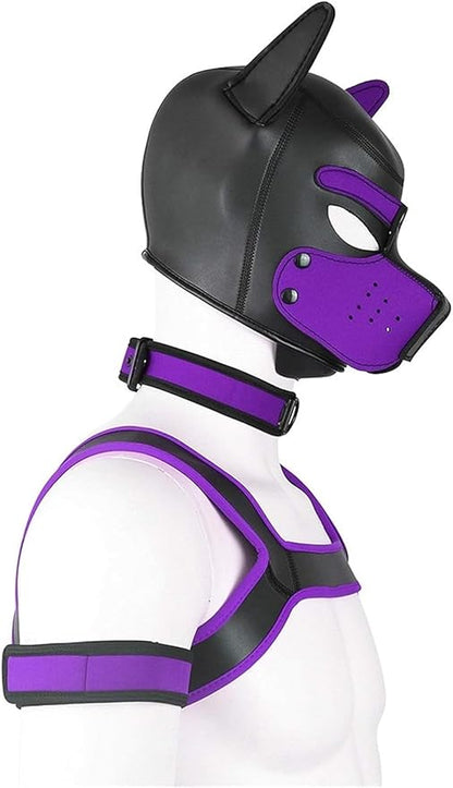 4 Sets Neoprene Puppy Hood Animal Head Mask Novelty Costume Dog (Hood Mask + Collar + Armband + Harness) (Large, Purple)