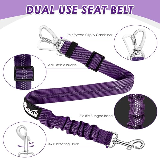 Lukovee Dog Seat Belt for Car, Adjustable Dog Car Harness for Large Medium Small Dogs, Soft Padded & Breathable Mesh Dog Seatbelt with Car Strap and Carabiner(Purple Double Clip,XXX-Small)