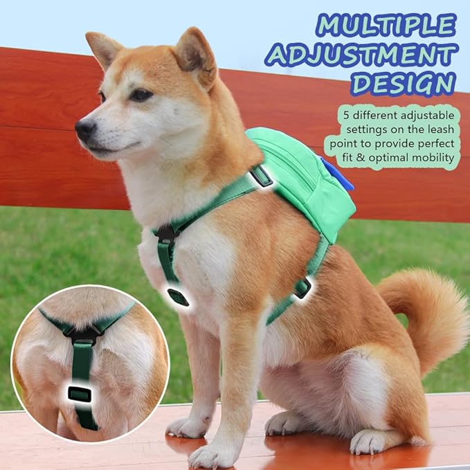 Dog Backpack Harness with Leash,Cute Pet Puppy Backpacks Bulid-in Dog Poop Bag Dispenser,Adjustable Pets Self Carrier Bag for Small Medium Dogs Travel Hiking Daily Walking(S, Green)