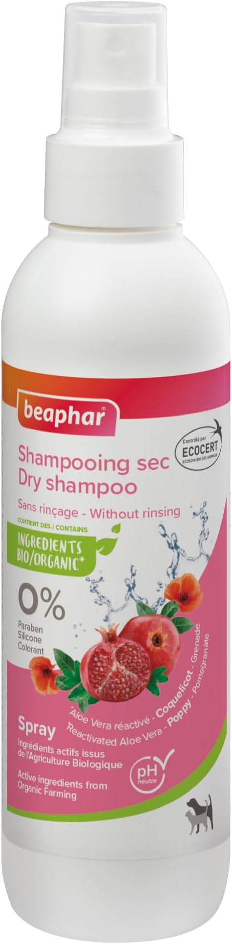 BEAPHAR – ECOCERT Labeled Dry Shampoo Spray for Dogs and Cats - Made in France - Contains Aloe Vera, Borage Oil and Organic Mint – Neutral pH – Paraben/Silicone/dye Free – 200 ML - Vet Cosmetics