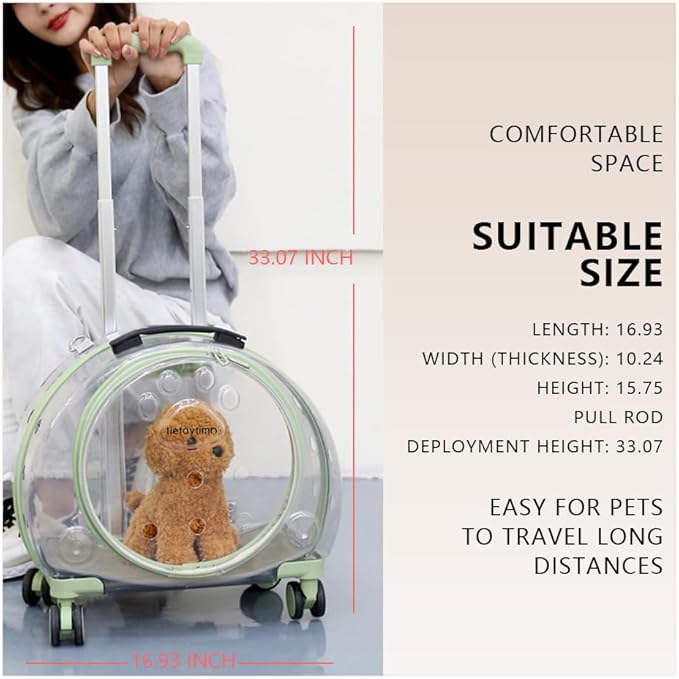 Portable pet Trolley Box, cat Stand, Retractable Trolley Box with Silent Wheels, pet Outdoor Backpack, Bubble Box, Comfortable and Breathable, Suitable for Small Cats, Dogs, Rabbits (Light Green)