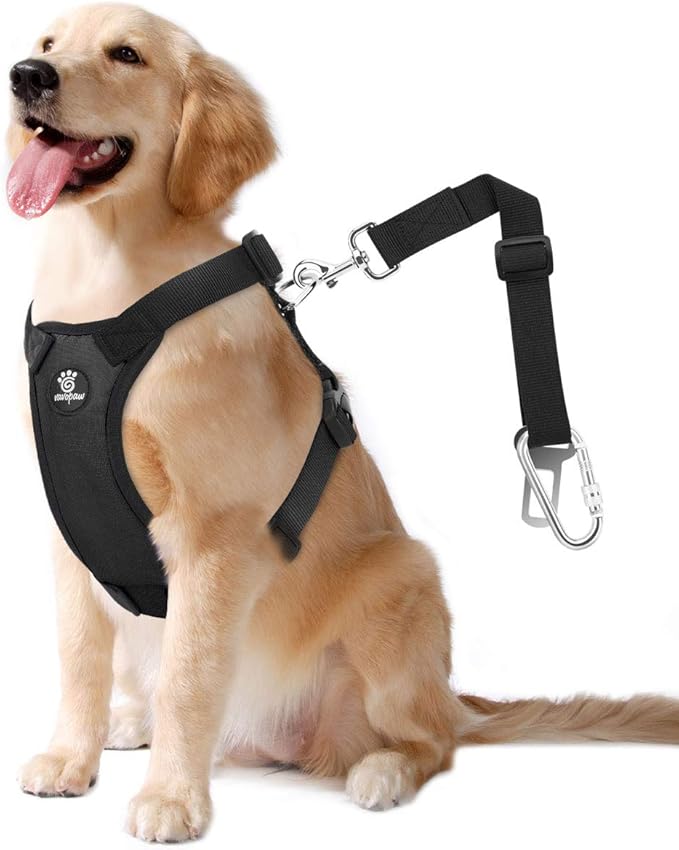 Dog Vehicle Safety Vest Harness, Adjustable Soft Padded Mesh Car Seat Belt Leash Harness with Travel Strap and Carabiner for Most Cars, Size Extra Large, Black