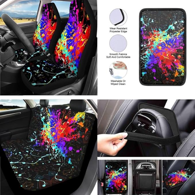 Graffiti Painting Car Seat Covers Set for Women Men Splashing Paintings Seat Belt Strap Cover