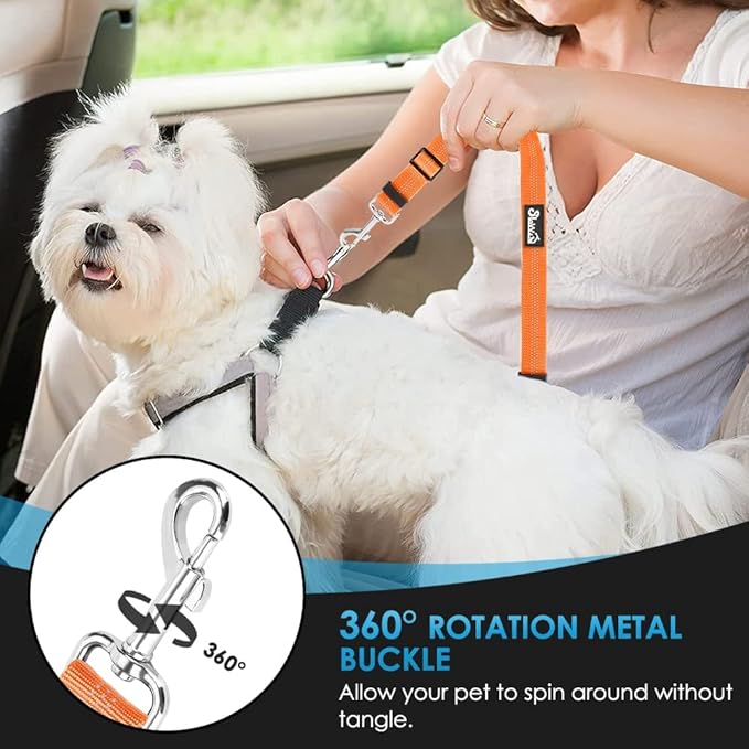 Lukovee Dog Car Seat Belt, 2 Pack Headrest Restraint Seatbelt, Adjustable Pet Safety Leads with Reflective Elastic Bungee for Dog Harness Collar Travel Daily Use (Orange,Headrest + Clip)