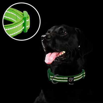 azuza Reflective Dog Collar Green Soft Neoprene Padded Pet Collar with ID Tag Ring
