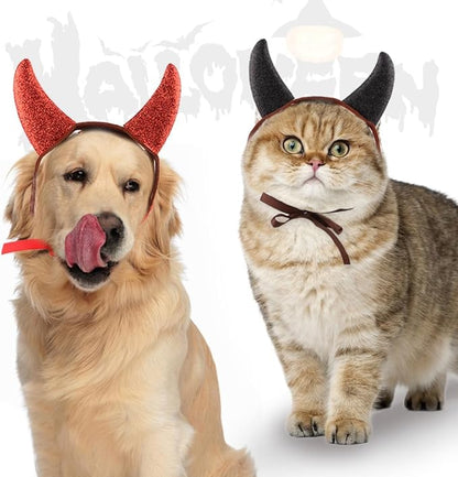 2Pcs Halloween Pet Costume Devil Horn Headdress Headband Accessory, Adjustable Strap Funny Demon Cosplay Dress Up Accessories for Dogs Cats Halloween Party Photo Cosplay and Daily Wearing (Medium)