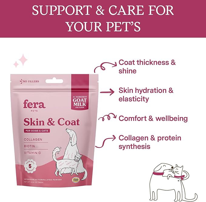 Fera Pet Organics Skin & Coat Goat Milk Cat & Dog – Vet Created - Pet Coat Thickness & Skin Hydration - Collagen, Biotin & Vitamin C - 60 Servings