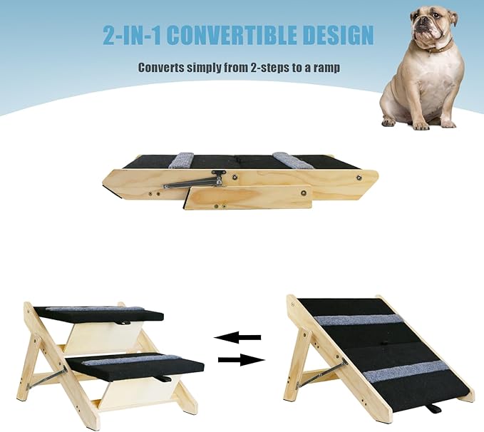 2-in-1 Indoor Pet Ramp, Wooden Folding 2-Tier Pet Stairs with Non-Slip Carpeted Steps, Ramp Perfect for Bed and Couch