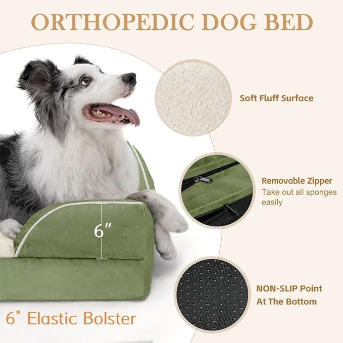 XXL Orthopedic Dog Bed for Extra Large Dogs, Orthopedic Foam Dog Beds Washable, Waterproof Dog Sofa Bed with Removable Cover & Non-Slip Bottom(XX-Large,Light Green)