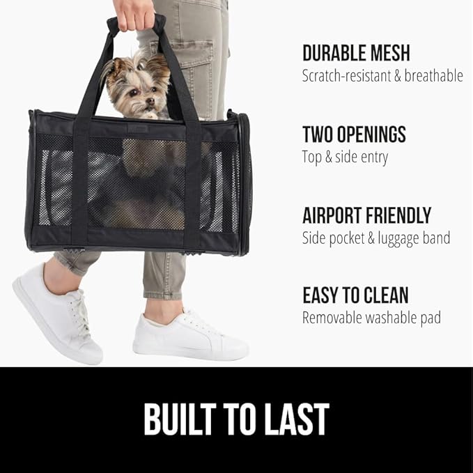 Gorilla Grip Airline Travel Cat Carrier Bag Up to 15 Lbs, Breathable Mesh Collapsible Pet Carriers for Small, Medium Cats, Small Dogs, Puppies, Portable Kennel with Soft Washable Waterproof Pad, Black