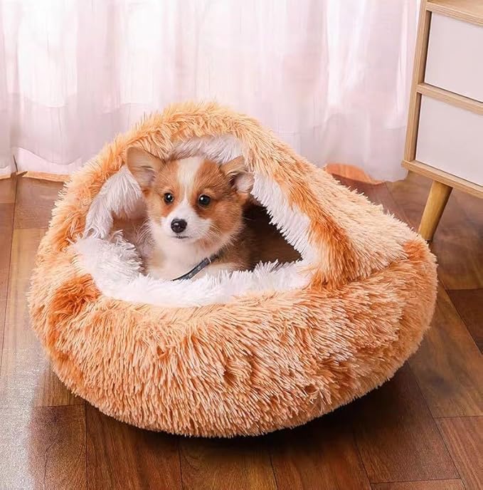 Cat Bed Round Fluffy Hooded Cat Bed Cave