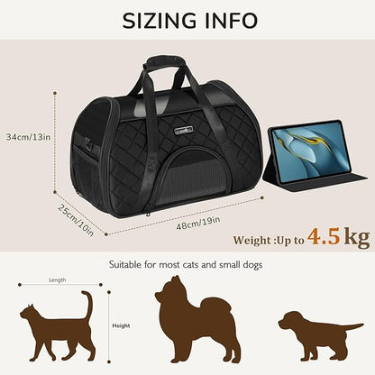 Pecute Cat Carrier Soft, Pet Carrier Airline Approved, Small Dog Carriers Puppy Carrier Lightweight, Breathable, Cat Travel Bag, Large Cat Carrier Travel Puppy Carrier up to 10lbs (Black)