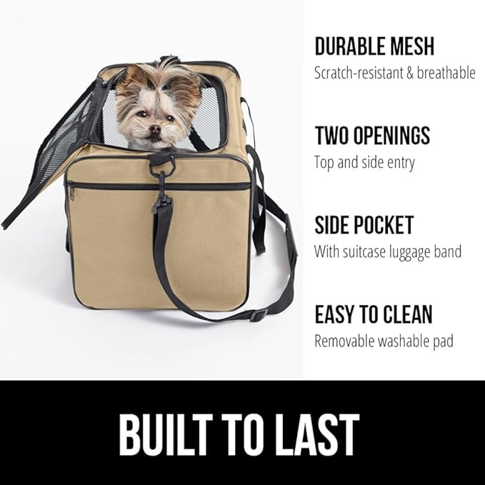 Gorilla Grip Airline Travel Cat Carrier Bag Up to 15 Lbs, Breathable Mesh Collapsible Pet Carriers for Small, Medium Cats, Small Dogs, Puppies, Portable Kennel with Soft Washable Waterproof Pad, Beige