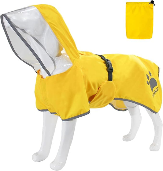 MAMORE Dog Raincoat Hooded Rain Jacket for Small Medium Large Dogs Slicker Poncho Bottom Waterproof Adjustable Reflective Breathable Leash Hole (Yellow, Medium)