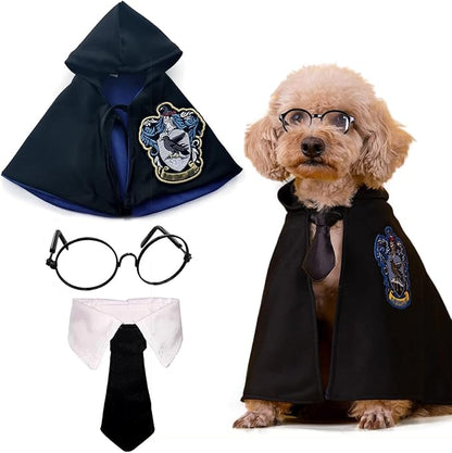 Cat Costumes 3 Piece Set with Glasses and Neckties, Cat Dog Cosplay Costume Set, Perfect for Party and Gifts for Cat Dog (Blue&Black, Medium)