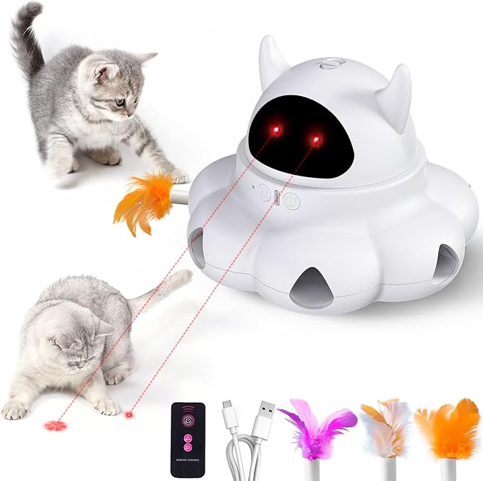 Cat Toys Interactive Feather Automatic Laser Puzzle Kitten Toy for Indoor,Rechargeable,White