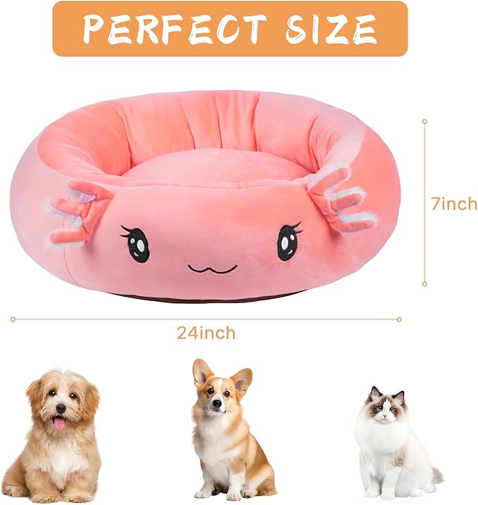 26" Pink Axolotl Pet Bed, Calming Dog & Cat Plush Bed, Fulffy Comfy Padded Cat Mat Plush Pet Bed, Non-Slip Bottom, Soft Washable Sleeping Dog Cot for Medium Small Dogs Cat Puppy Kitty