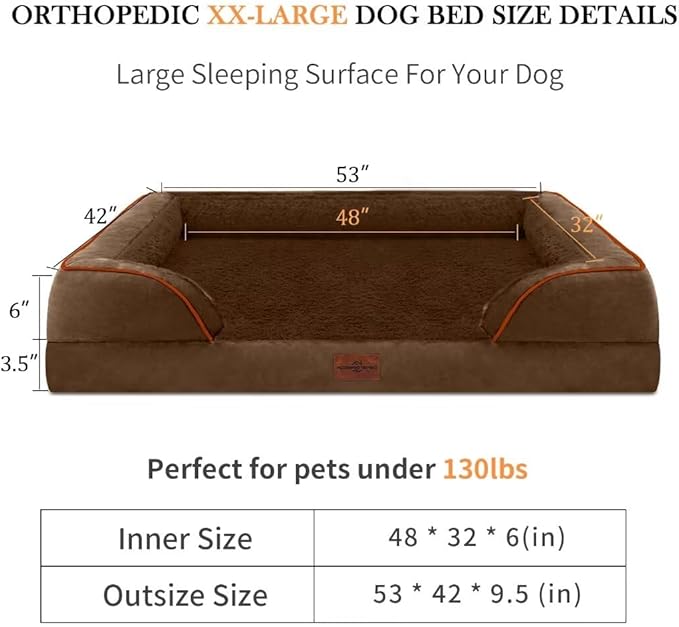 XXL Orthopedic Dog Bed Waterproof, Orthopedic Foam Dog Beds for Extra Large Dogs, Washable Dog Sofa Bed with Removable Cover & Non-Slip Bottom(XX-Large,Chocolate Brown)