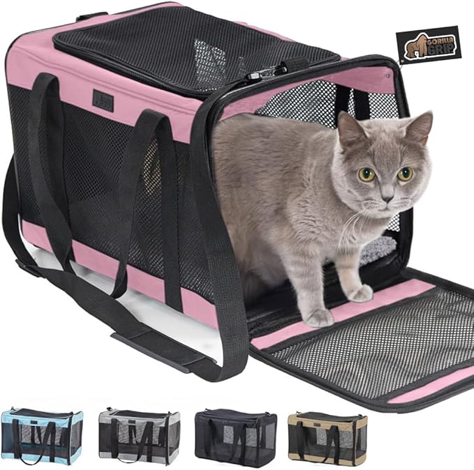 Gorilla Grip Airline Travel Cat Carrier Bag Up to 15 Lbs, Breathable Mesh Collapsible Pet Carriers for Small, Medium Cats, Small Dogs, Puppies, Portable Kennel with Soft Washable Waterproof Pad Pink