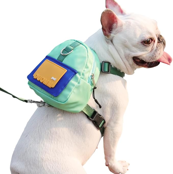 Dog Backpack Harness with Leash,Cute Pet Puppy Backpacks Bulid-in Dog Poop Bag Dispenser,Adjustable Pets Self Carrier Bag for Small Medium Dogs Travel Hiking Daily Walking(S, Green)