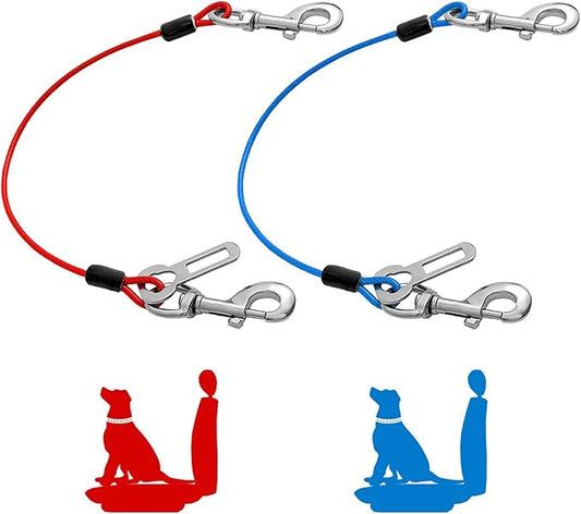 Dog Seat Belt Harness for Car,2pcs Dog Seatbelt of Coated Wire Leash Safety Restraint,No Chew Tether Cable Vehicle Dog Accessories,Double Clips & Latch (2 Pack Red+Blue, 24 inch/60 CM)