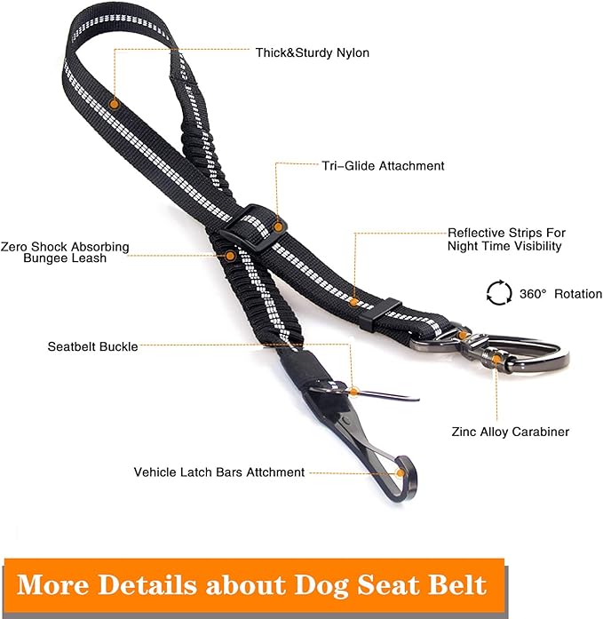 Dog Seat Belt,Adjustable Dog Seatbelt for Car,3 in 1 Dog Safety Belt Leash,Reflective Bungee Dog Car Seatbelt with Hook& Buckle, Dog Car Seat Belt with Aviation Zinc Alloy Rotatable Carabiner