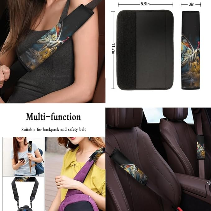 3D Splashing Butterfly 13 PCS Car Seat Cover Artistic Morpho Full Set Front Back Seat Covers Butterflies Art Steering Wheel Cover