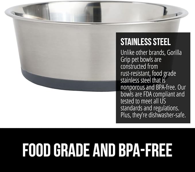 Gorilla Grip Stainless Steel Metal Dog Bowl Set of 2, Rubber Base, Heavy Duty Feeding Dishes, Food Grade BPA Free, Less Sliding, Quiet Pet Bowls for Cats and Dogs, Holds 2 Cups (16 fl oz), Gray