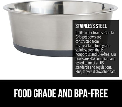 Gorilla Grip Stainless Steel Metal Dog Bowl Set of 2, Rubber Base, Heavy Duty Feeding Dishes, Food Grade BPA Free, Less Sliding, Quiet Pet Bowls for Cats and Dogs, Holds 4 Cups (32 fl oz), Gray