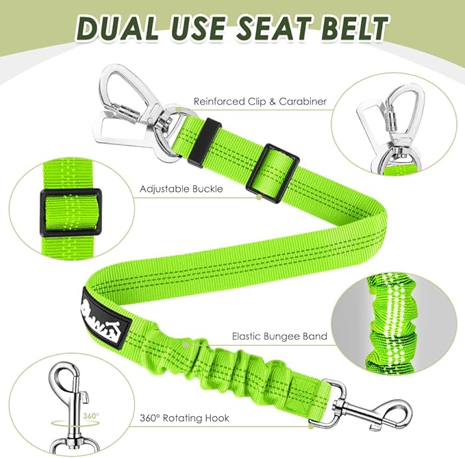 Lukovee Dog Seat Belt for Car, Adjustable Dog Car Harness for Large Medium Small Dogs, Soft Padded & Breathable Mesh Dog Seatbelt with Car Strap and Carabiner(Lime Green Double Clip,Large)