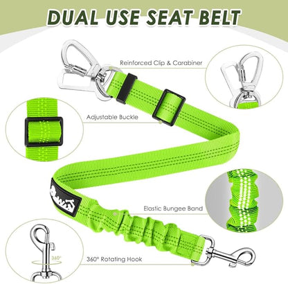 Lukovee Dog Seat Belt for Car, Adjustable Dog Car Harness for Large Medium Small Dogs, Soft Padded & Breathable Mesh Dog Seatbelt with Car Strap and Carabiner(Lime Green Double Clip,Large)