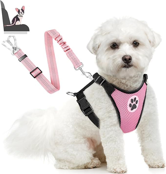 Lukovee Dog Seat Belt for Car, Adjustable Dog Car Harness for Large Medium Small Dogs, Soft Padded & Breathable Mesh Dog Seatbelt with Car Strap and Carabiner(Pink Double Clip,XXX-Small)