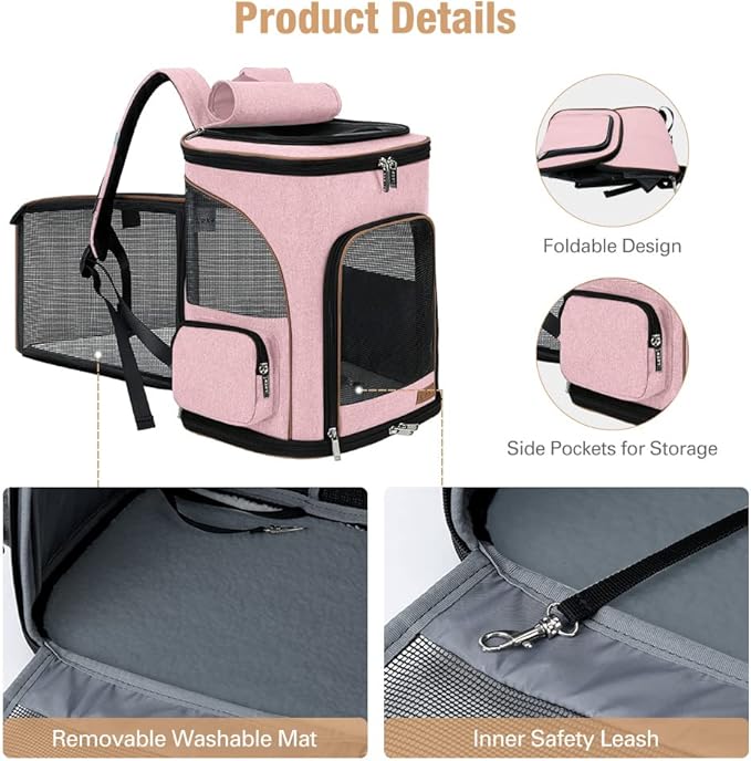 Lekereise Pet Carrier Backpack Expandable Cat Backpack Carrier for Small Dogs Large Cats Puppies, Dog Backpack Carrier for Hiking Travel Outdoor Hold Pets Up to 20 25 Lbs, Pink