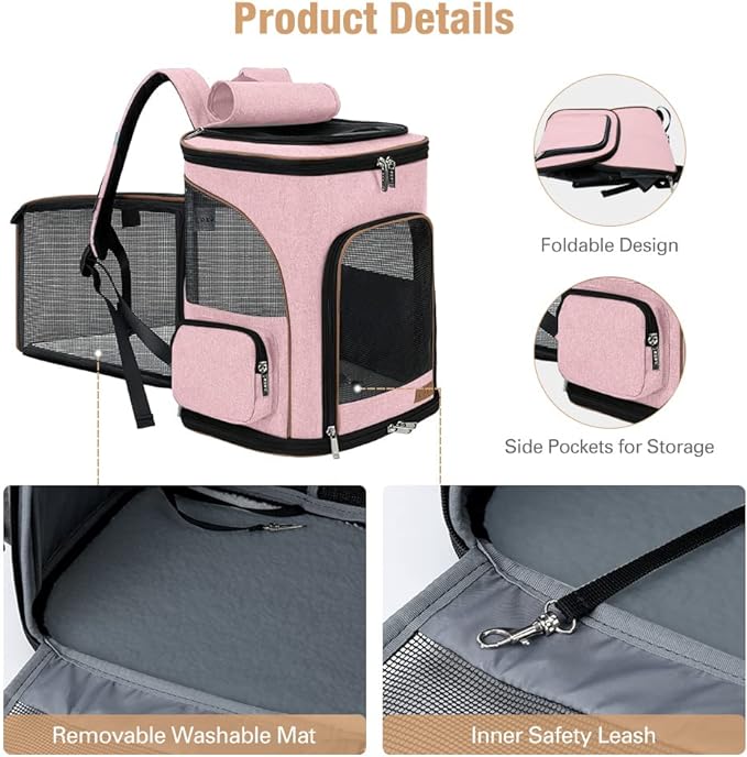 Lekereise Pet Carrier Backpack Expandable Cat Backpack for Small Dogs Cats, Dog Backpack Bag with Breathable Mesh, Pink