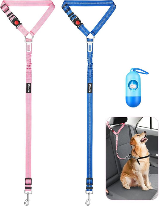 Vastar 2 Pack Dog Seat Belt for Car, 3-in-1 Dog Car Seat Belt, Adjustable Pet Seat Belt, Safety Headrest Restraint Dog Car Belt with Reflective Elastic Bungee, Poop Bag Holder