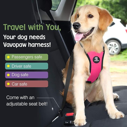 Dog Vehicle Safety Vest Harness, Adjustable Soft Padded Mesh Car Seat Belt Leash Harness with Travel Strap and Carabiner for Most Cars, Large Size, Magenta