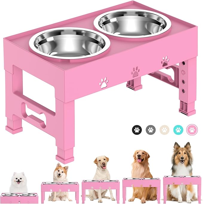 Elevated Dog Bowls 5 Height Adjustable Non-Slip Stand Adjusts to 3.1", 9", 10", 11", & 12" with 2 Stainless Steel Raised Dog Food Bowl for Medium Large Dogs and Pets (Pink)